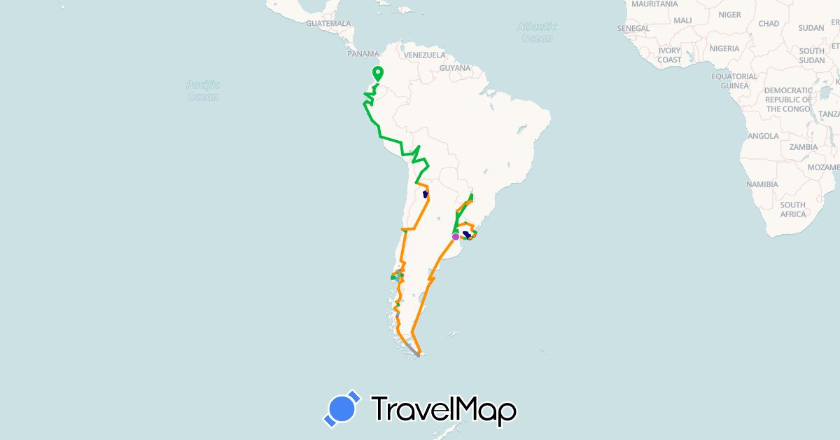 TravelMap itinerary: driving, bus, plane, train, hiking, boat, hitchhiking in Argentina, Bolivia, Brazil, Chile, Colombia, Ecuador, Peru, Paraguay, Uruguay (South America)